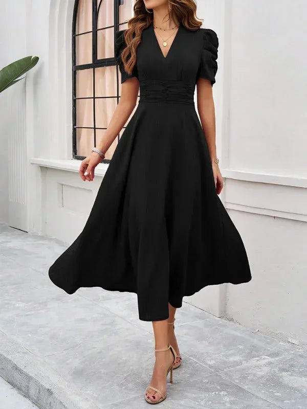 Women’s Elegant Puff Sleeve Midi Dress with Flowy A-Line Silhouette