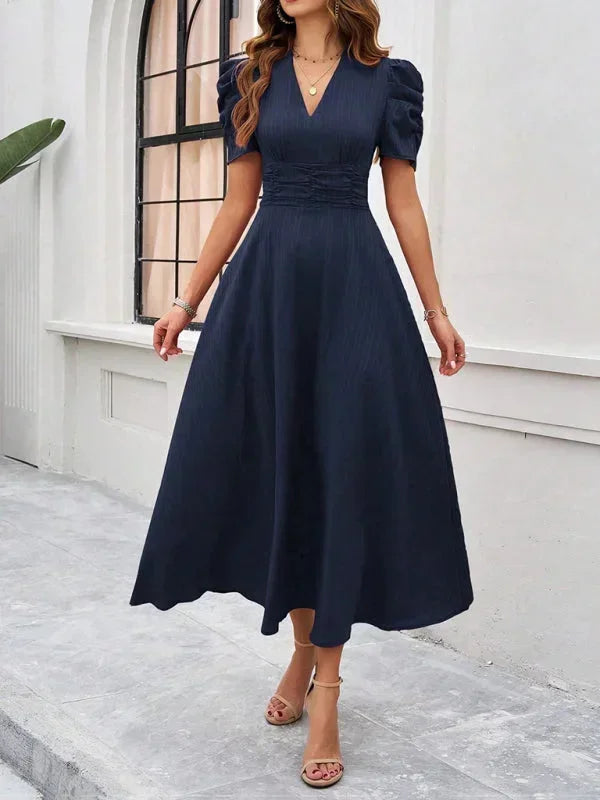 Women’s Elegant Puff Sleeve Midi Dress with Flowy A-Line Silhouette