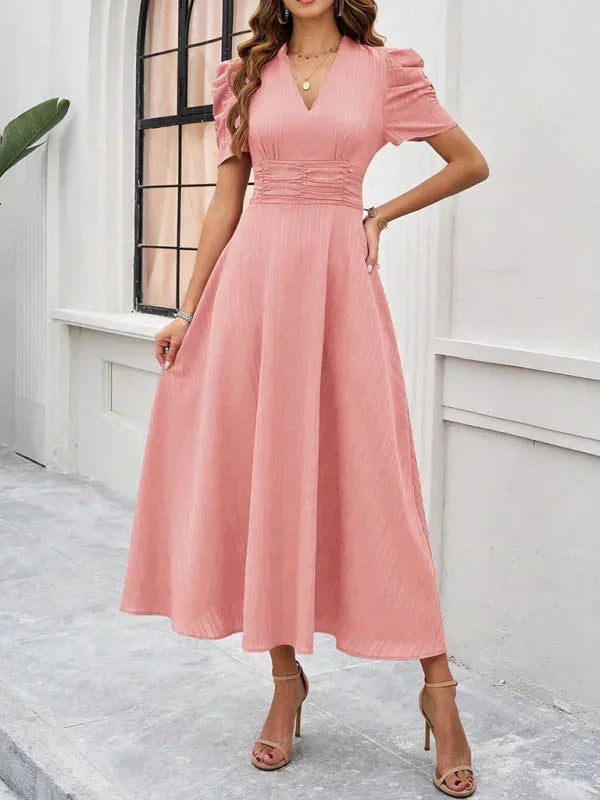 Women’s Elegant Puff Sleeve Midi Dress with Flowy A-Line Silhouette
