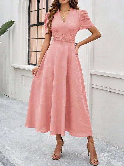 Women’s Elegant Puff Sleeve Midi Dress with Flowy A-Line Silhouette