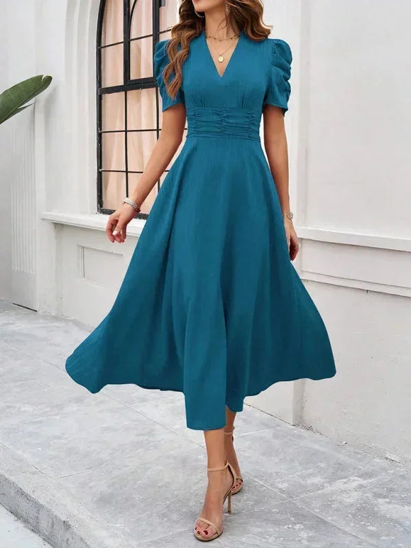 Women’s Elegant Puff Sleeve Midi Dress with Flowy A-Line Silhouette