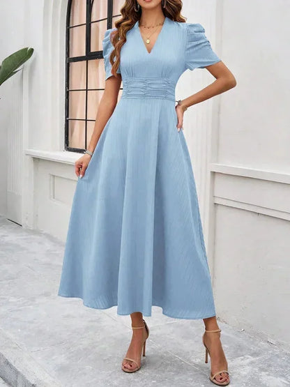 Women’s Elegant Puff Sleeve Midi Dress with Flowy A-Line Silhouette