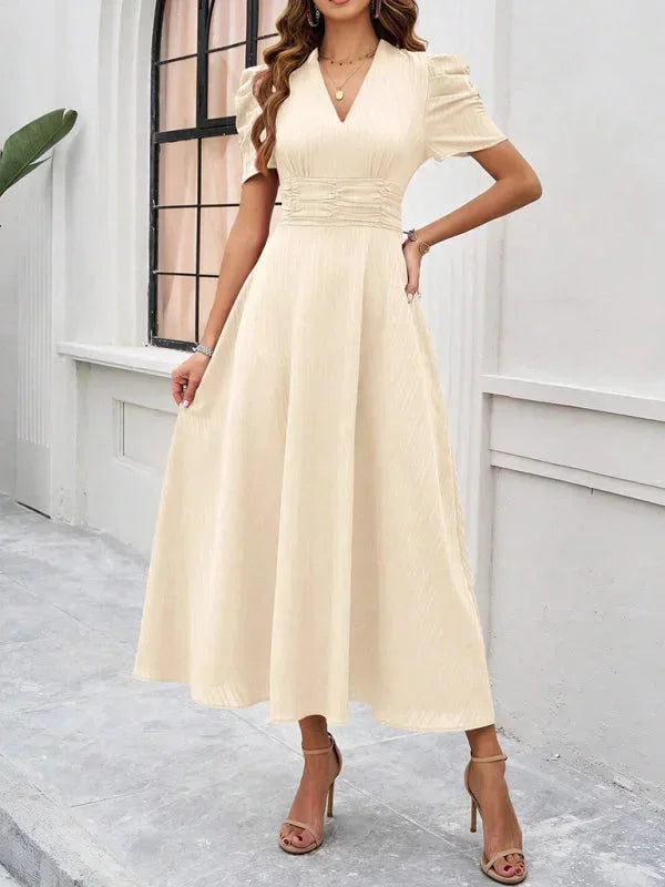 Women’s Elegant Puff Sleeve Midi Dress with Flowy A-Line Silhouette
