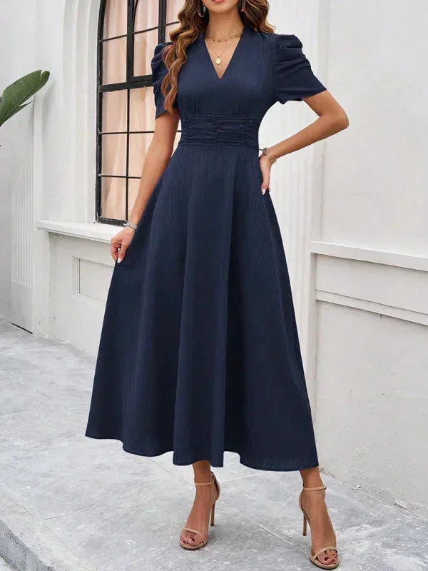 Women’s Elegant Puff Sleeve Midi Dress with Flowy A-Line Silhouette