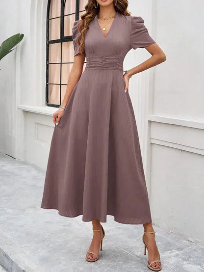 Women’s Elegant Puff Sleeve Midi Dress with Flowy A-Line Silhouette