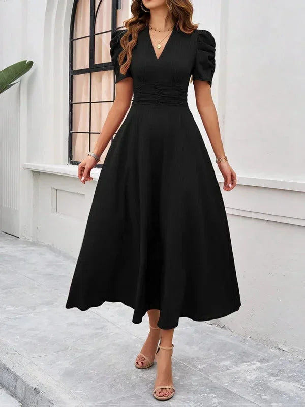 Women’s Elegant Puff Sleeve Midi Dress with Flowy A-Line Silhouette
