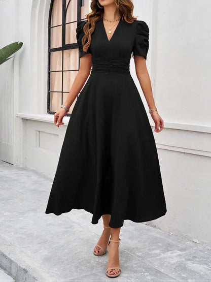 Women’s Elegant Puff Sleeve Midi Dress with Flowy A-Line Silhouette