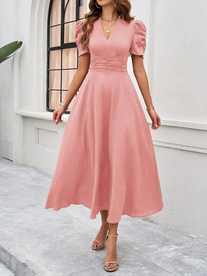 Women’s Elegant Puff Sleeve Midi Dress with Flowy A-Line Silhouette