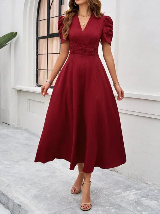 Women’s Elegant Puff Sleeve Midi Dress with Flowy A-Line Silhouette