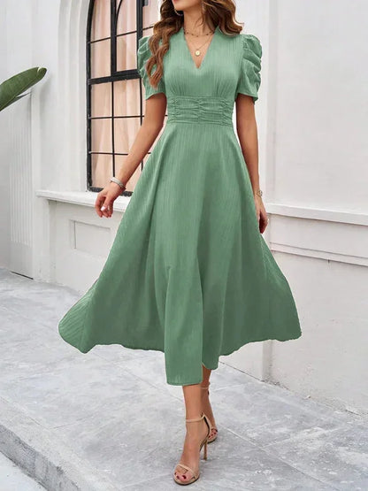 Women’s Elegant Puff Sleeve Midi Dress with Flowy A-Line Silhouette
