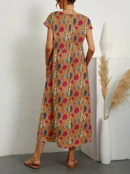 Women’s Short Sleeve Flowy Boho Floral Printed Midi Dress