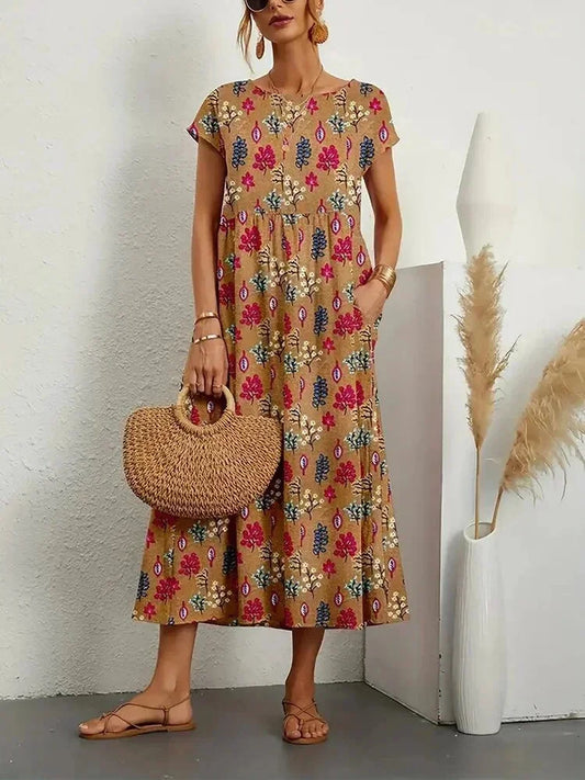 Women’s Short Sleeve Flowy Boho Floral Printed Midi Dress
