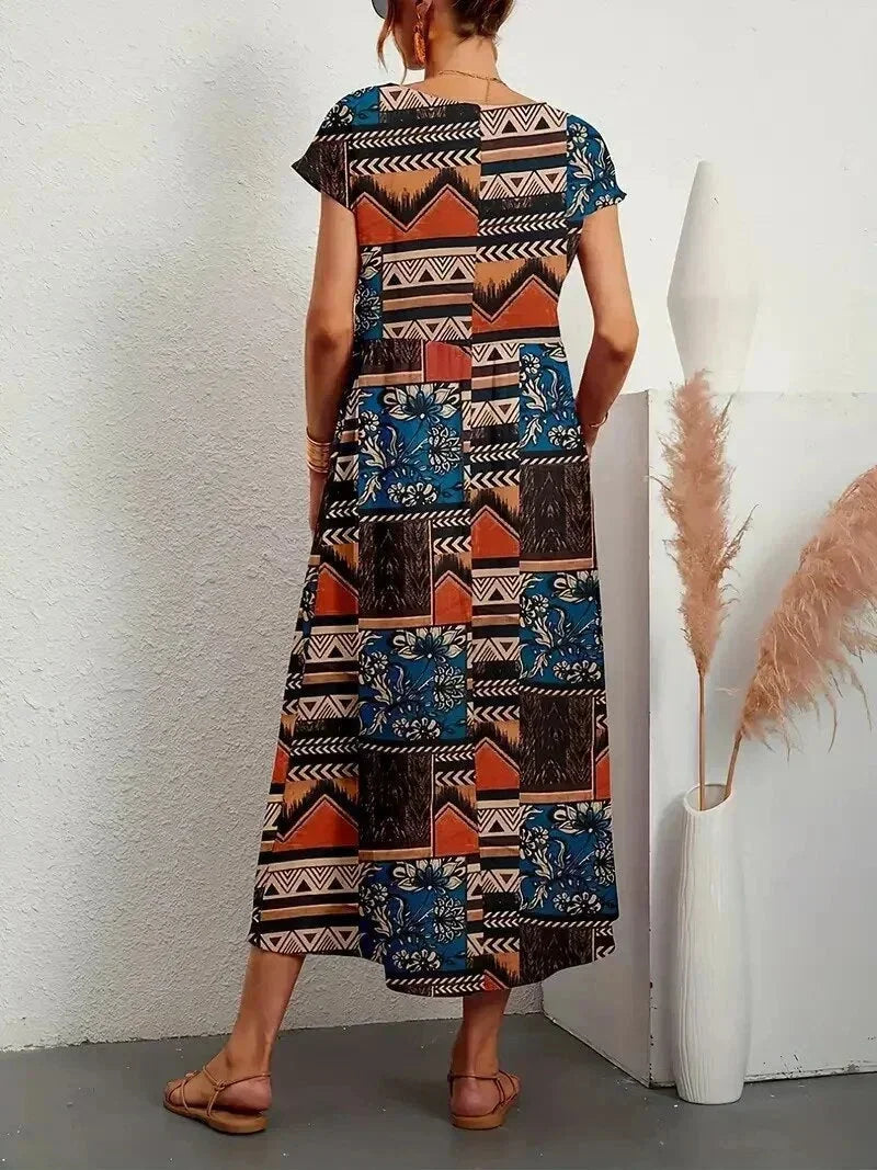 Women’s Short Sleeve Flowy Boho Floral Printed Midi Dress