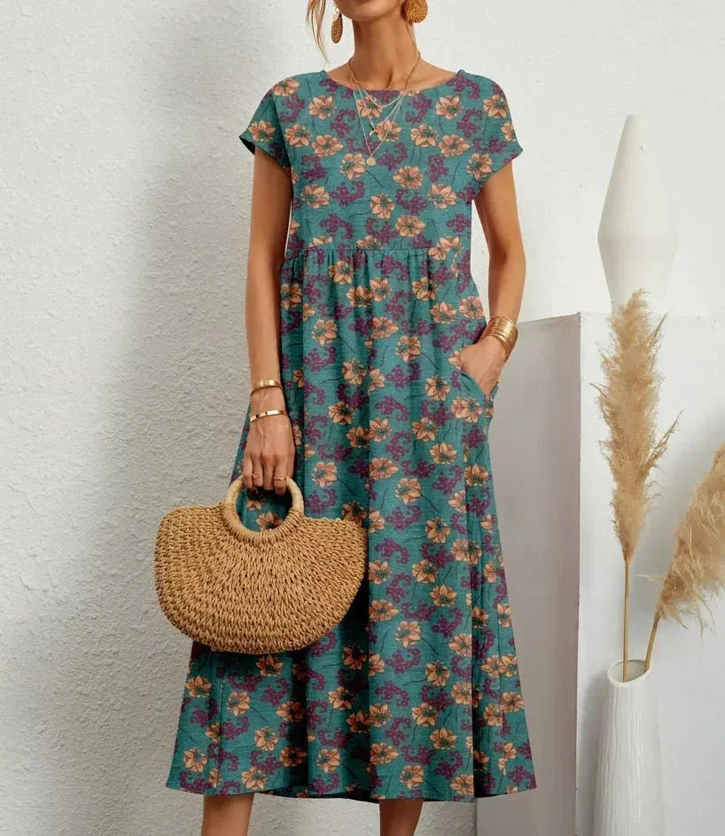Women’s Short Sleeve Flowy Boho Floral Printed Midi Dress