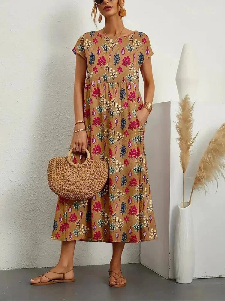 Women’s Short Sleeve Flowy Boho Floral Printed Midi Dress