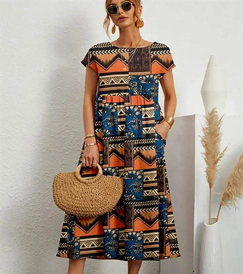 Women’s Short Sleeve Flowy Boho Floral Printed Midi Dress