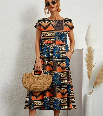 Women’s Short Sleeve Flowy Boho Floral Printed Midi Dress