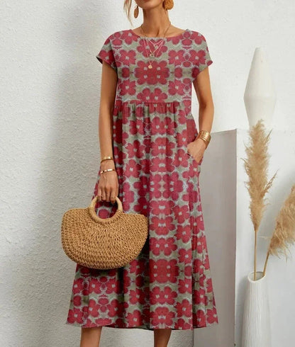 Women’s Short Sleeve Flowy Boho Floral Printed Midi Dress
