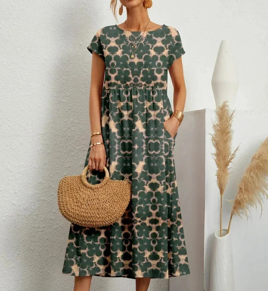 Women’s Short Sleeve Flowy Boho Floral Printed Midi Dress