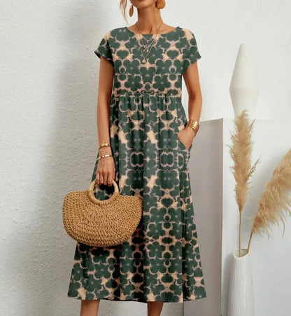 Women’s Short Sleeve Flowy Boho Floral Printed Midi Dress