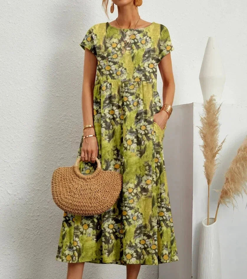 Women’s Short Sleeve Flowy Boho Floral Printed Midi Dress