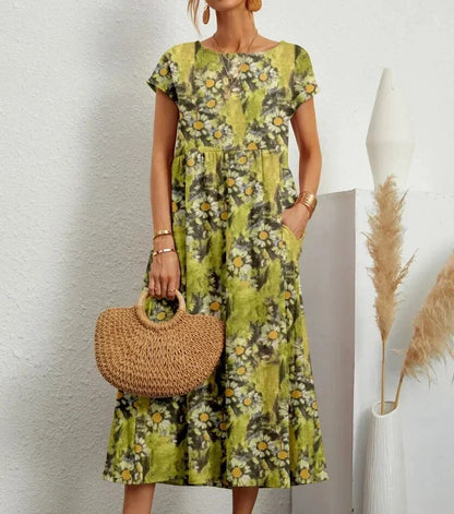 Women’s Short Sleeve Flowy Boho Floral Printed Midi Dress