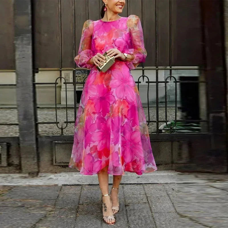 Floral Midi Dress Long Sleeves Women Wedding Guest