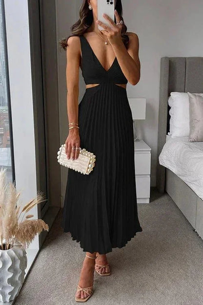 Women’s Pleated Cut-Out Sleeveless Midi Dress
