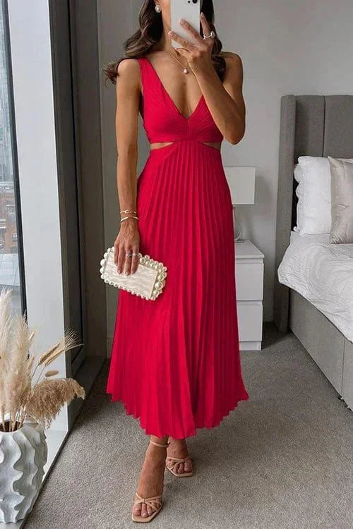 Women’s Pleated Cut-Out Sleeveless Midi Dress