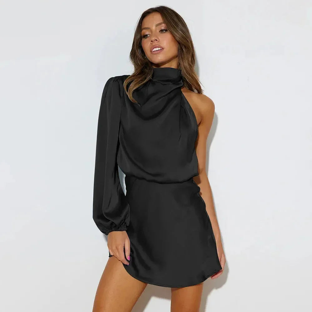 Women's Asymmetrical Mini Dress Long Sleeves Draped Collar