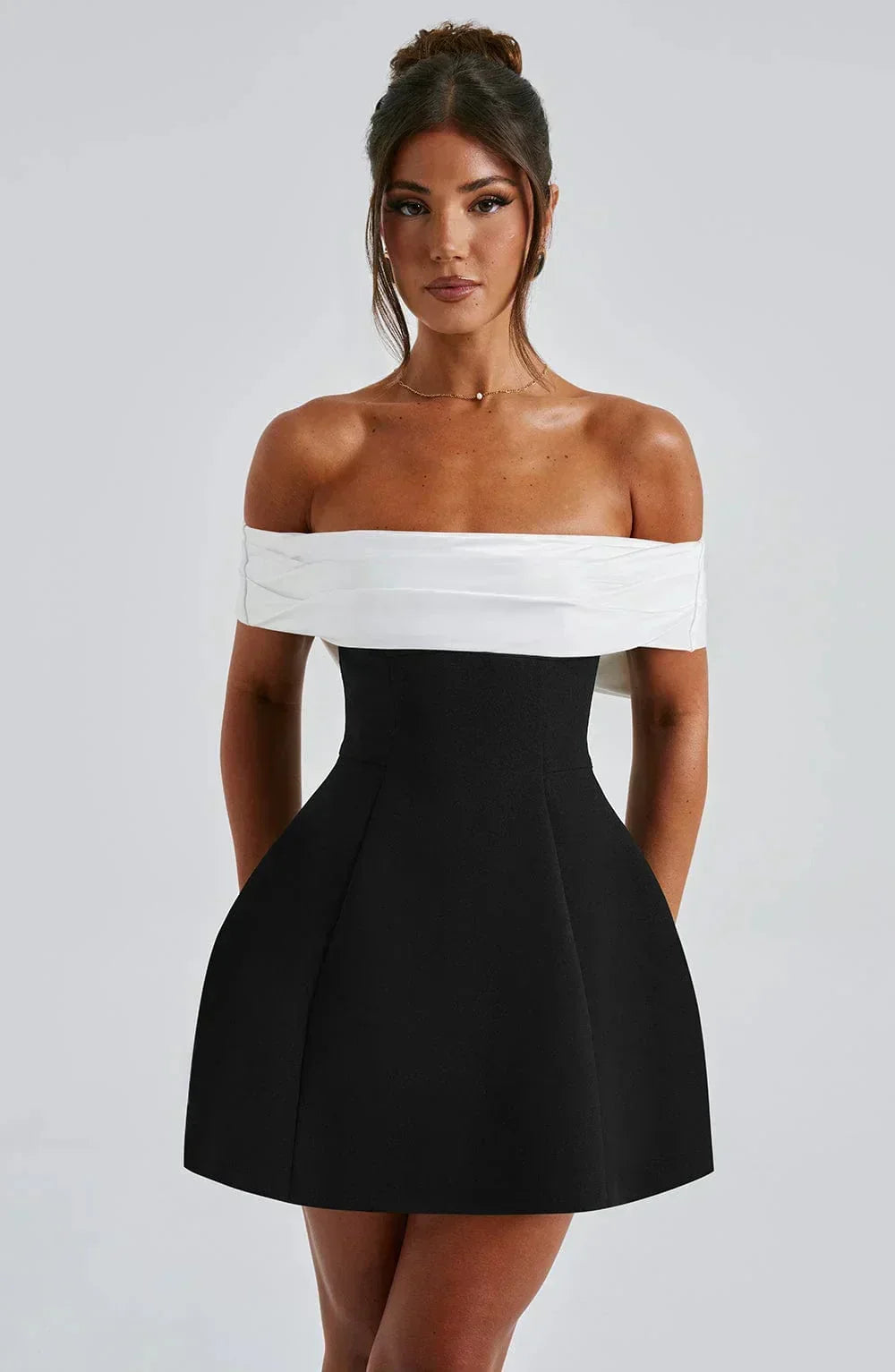 Women’s Off Shoulder Bow Back Elegant Contrast Mini Dress