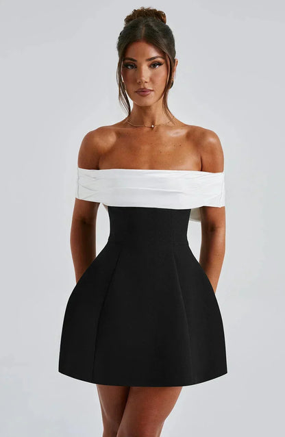 Women’s Off Shoulder Bow Back Elegant Contrast Mini Dress