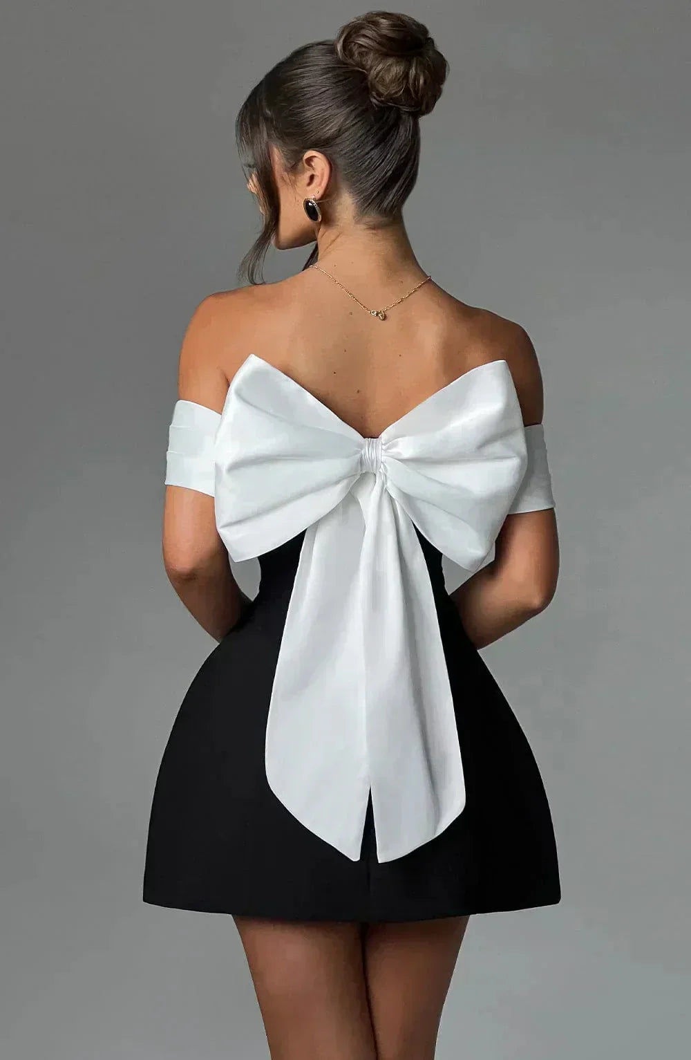 Women’s Off Shoulder Bow Back Elegant Contrast Mini Dress