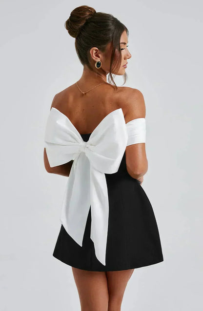 Women’s Off Shoulder Bow Back Elegant Contrast Mini Dress
