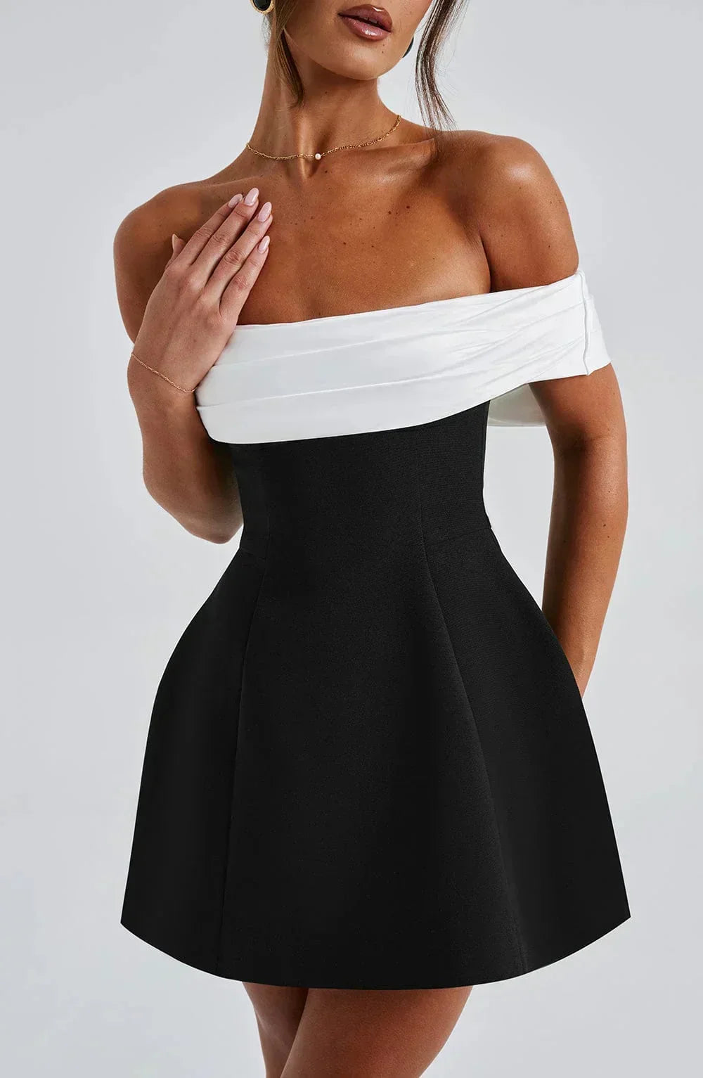 Women’s Off Shoulder Bow Back Elegant Contrast Mini Dress