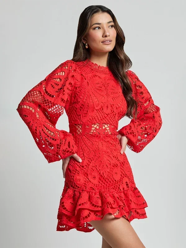 Women’s Elegant Long Sleeve Lace Mini Dress with Ruffle Hem