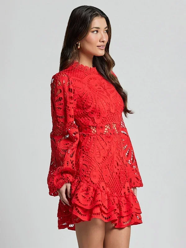 Women’s Elegant Long Sleeve Lace Mini Dress with Ruffle Hem