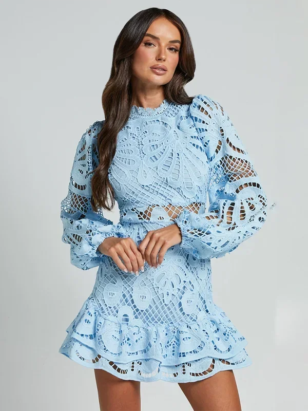 Women’s Elegant Long Sleeve Lace Mini Dress with Ruffle Hem