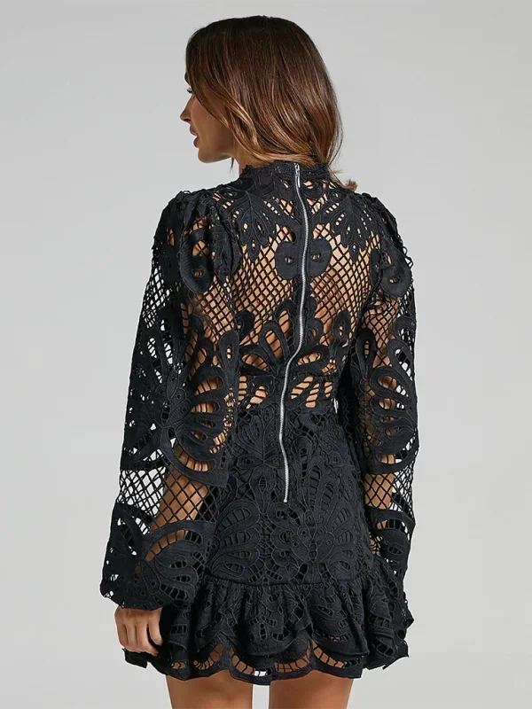 Women’s Elegant Long Sleeve Lace Mini Dress with Ruffle Hem