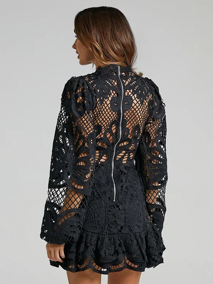 Women’s Elegant Long Sleeve Lace Mini Dress with Ruffle Hem