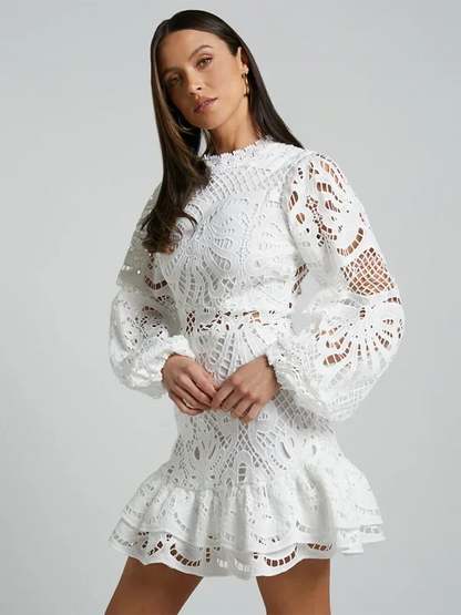 Women’s Elegant Long Sleeve Lace Mini Dress with Ruffle Hem
