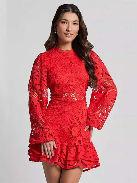 Women’s Elegant Long Sleeve Lace Mini Dress with Ruffle Hem