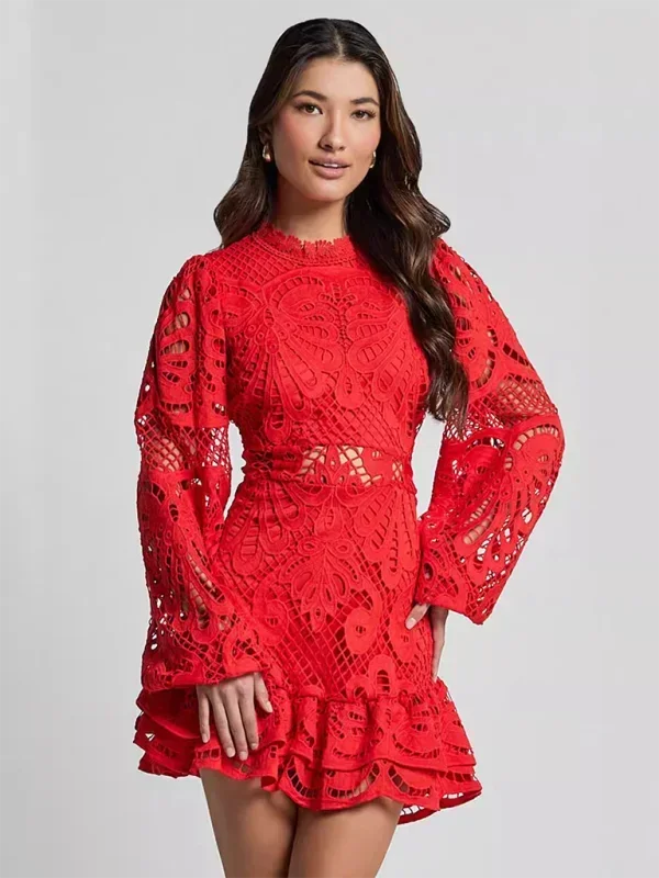 Women’s Elegant Long Sleeve Lace Mini Dress with Ruffle Hem