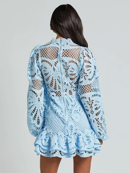 Women’s Elegant Long Sleeve Lace Mini Dress with Ruffle Hem