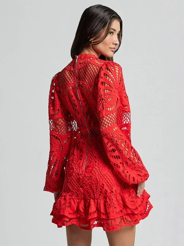 Women’s Elegant Long Sleeve Lace Mini Dress with Ruffle Hem