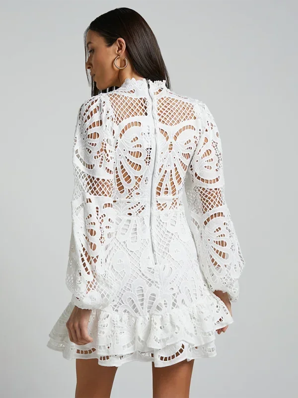 Women’s Elegant Long Sleeve Lace Mini Dress with Ruffle Hem