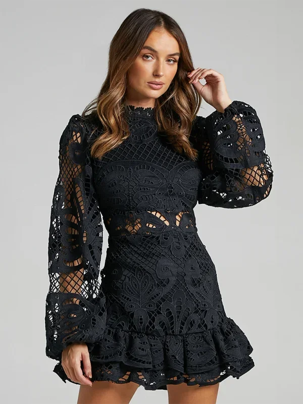 Women’s Elegant Long Sleeve Lace Mini Dress with Ruffle Hem