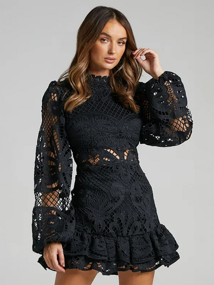 Women’s Elegant Long Sleeve Lace Mini Dress with Ruffle Hem