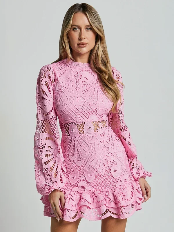 Women’s Elegant Long Sleeve Lace Mini Dress with Ruffle Hem