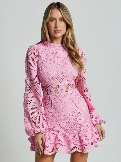 Women’s Elegant Long Sleeve Lace Mini Dress with Ruffle Hem